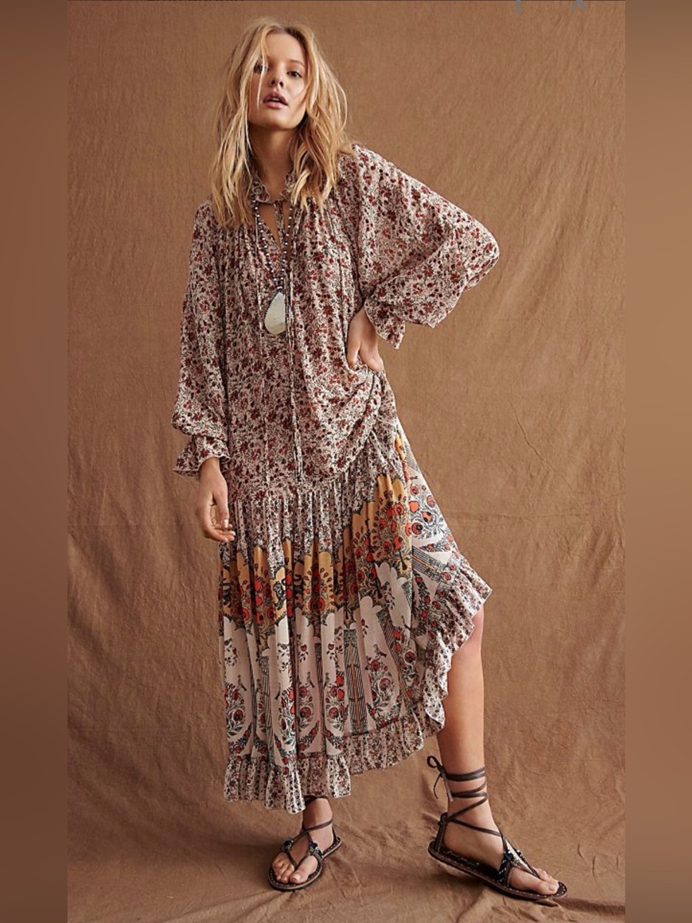 Free People Feeling Groovy Border Print Floral Maxi Dress M Boho Fall Festival